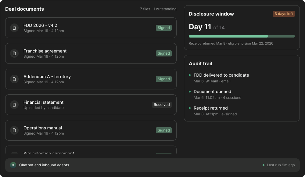Documents and Signature: Deliver the FDD, track receipt and the 14 day disclosure window, and collect signatures with a full audit trail. Every document in the deal lives on the candidate record instead of in someone’s inbox.